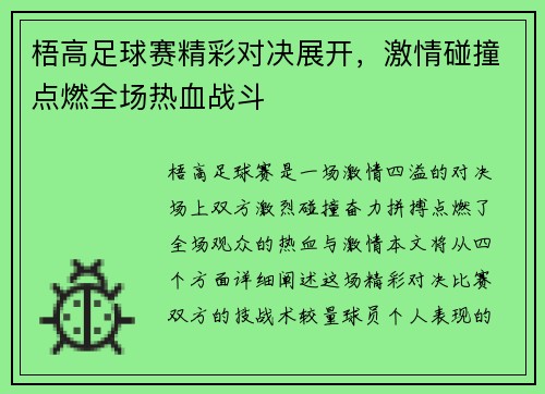 梧高足球赛精彩对决展开，激情碰撞点燃全场热血战斗