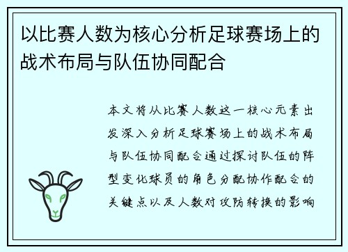 以比赛人数为核心分析足球赛场上的战术布局与队伍协同配合