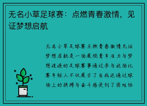 无名小草足球赛：点燃青春激情，见证梦想启航