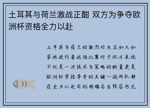 土耳其与荷兰激战正酣 双方为争夺欧洲杯资格全力以赴